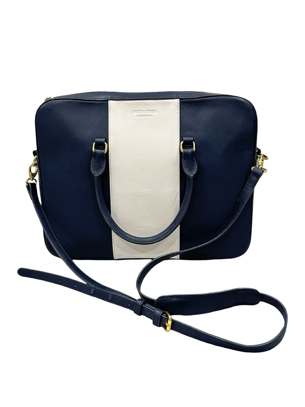 Jacq Leigh London Navy White Leather Satchel Crossbody Bag Gold Hardware Laptop